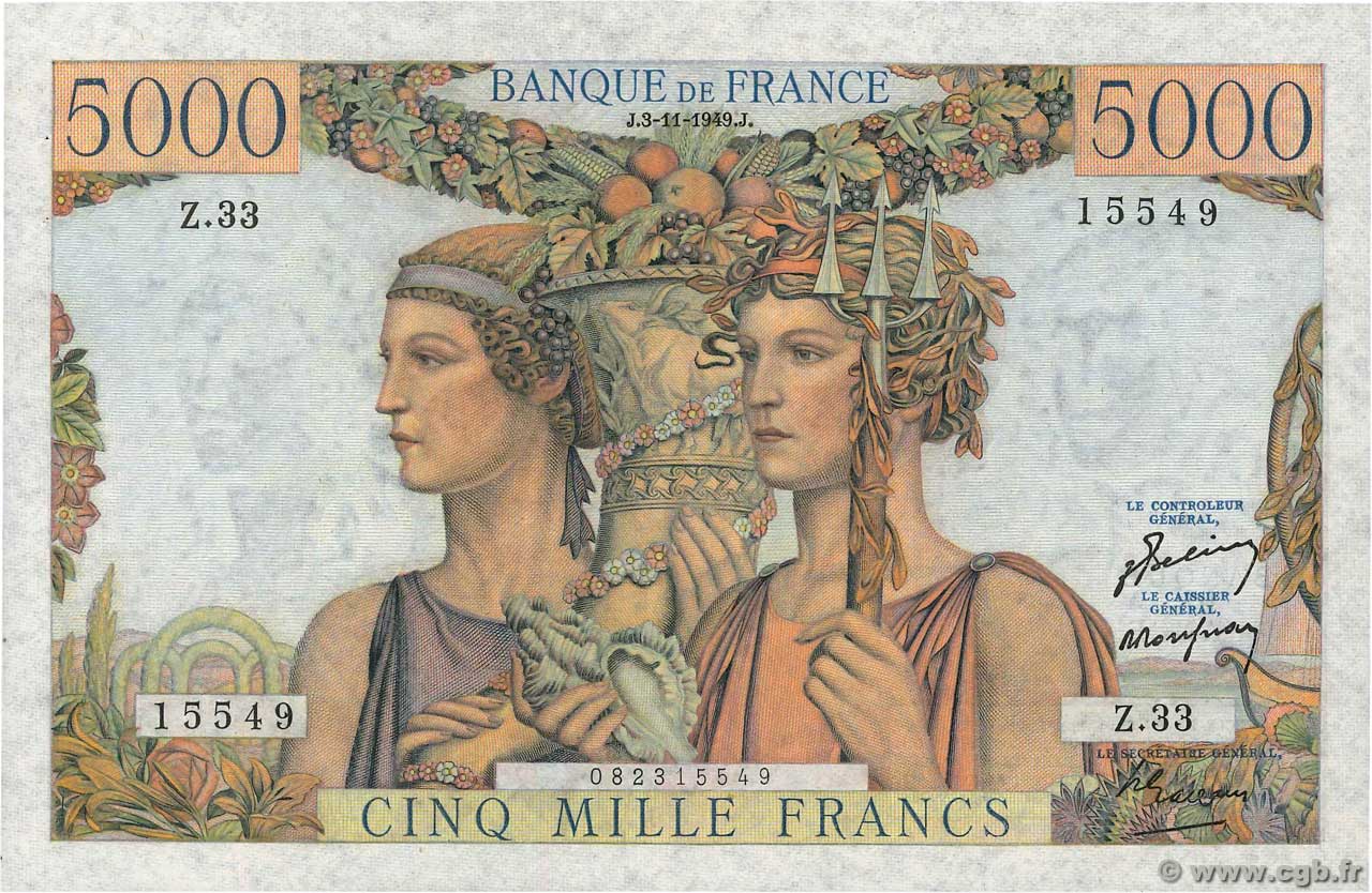 5000 Francs TERRE ET MER FRANCE  1949 F.48.02 XF