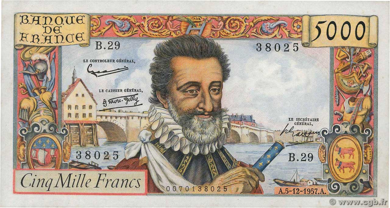 5000 Francs HENRI IV FRANKREICH  1957 F.49.04 VZ