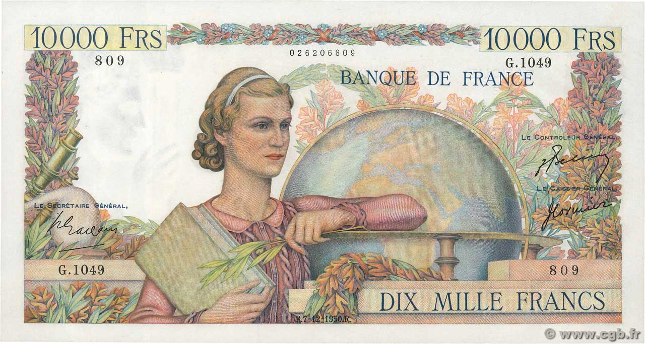 10000 Francs GÉNIE FRANÇAIS FRANKREICH  1950 F.50.44 VZ+