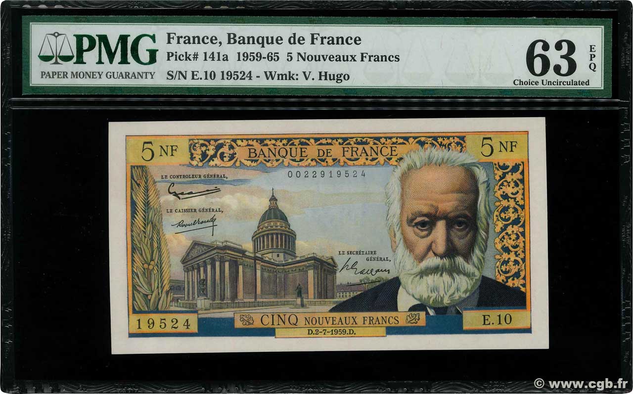 5 Nouveaux Francs VICTOR HUGO FRANCE  1959 F.56.02 AU+