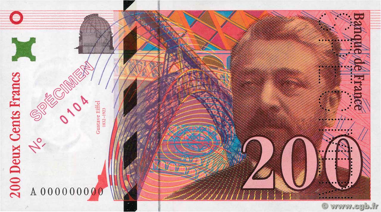 200 Francs EIFFEL Spécimen FRANCE  1995 F.75.01Spn AU+