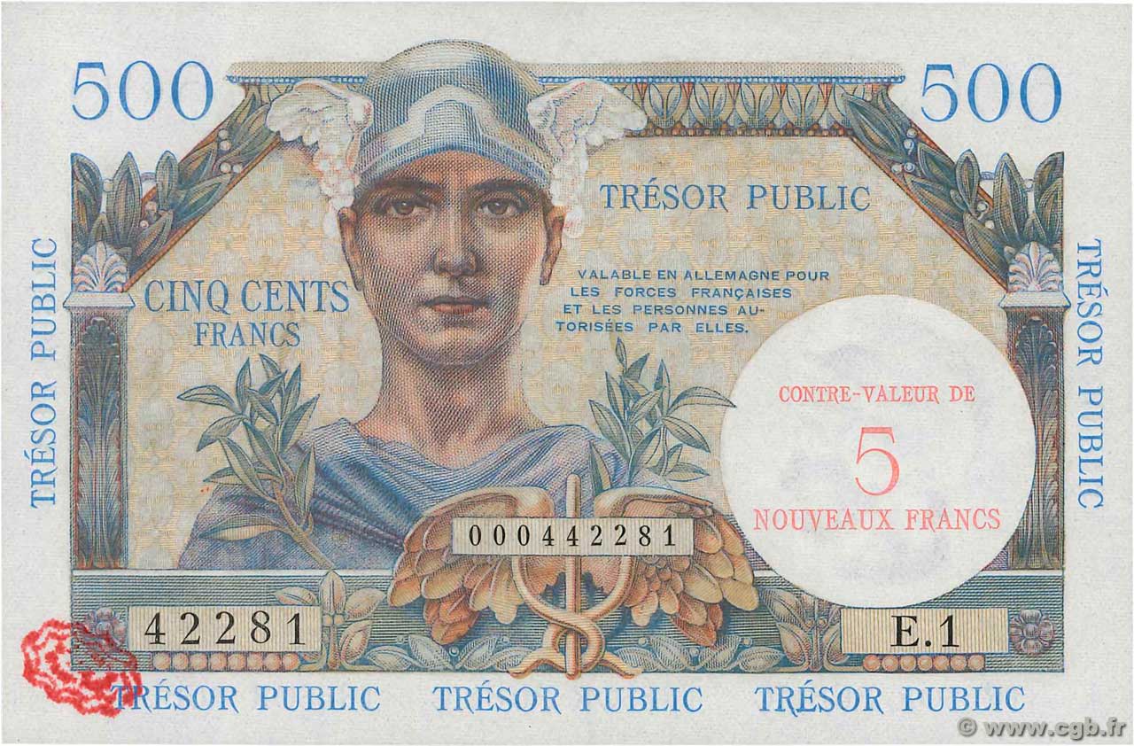 5NF sur 500 Francs TRÉSOR PUBLIC FRANCE  1960 VF.37.01 NEUF