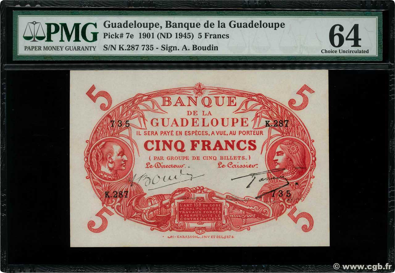 5 Francs Cabasson rouge GUADELOUPE  1945 P.07e SC+