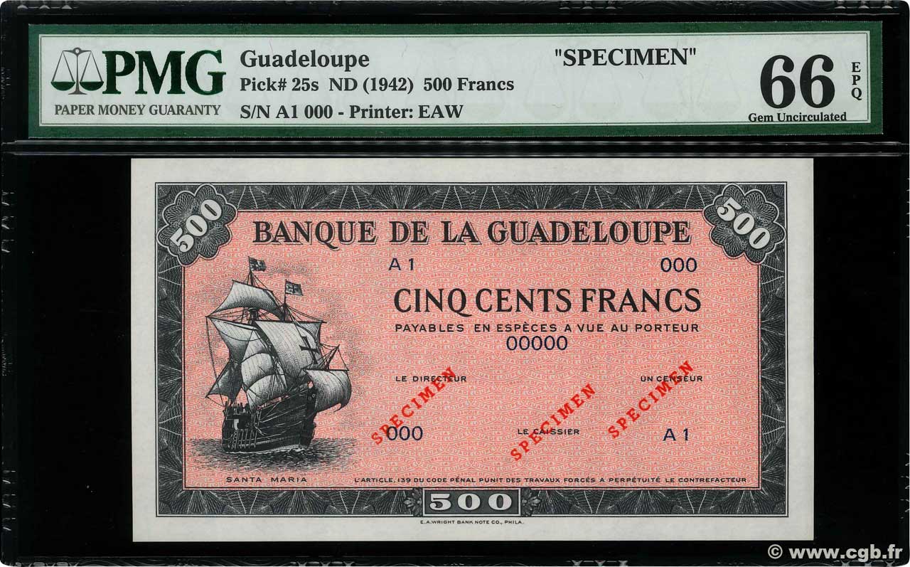 500 Francs Spécimen GUADELOUPE  1945 P.25s FDC