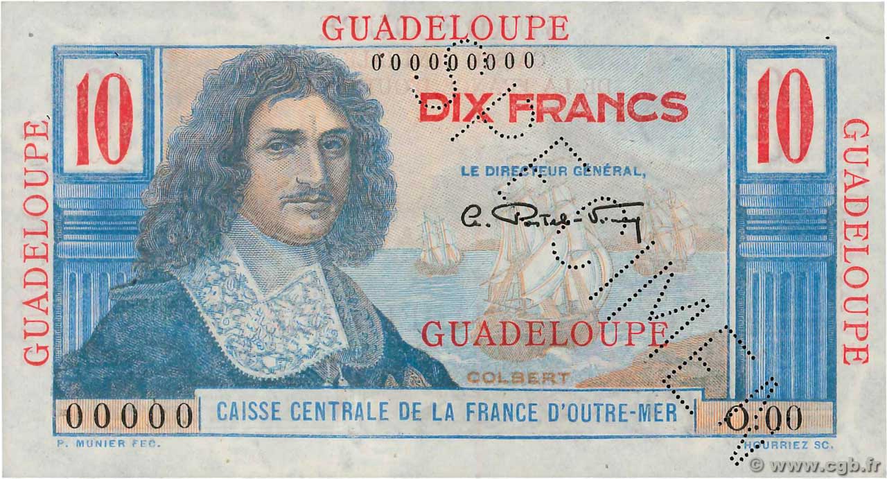 10 Francs Colbert Spécimen GUADELOUPE  1946 P.32s AU