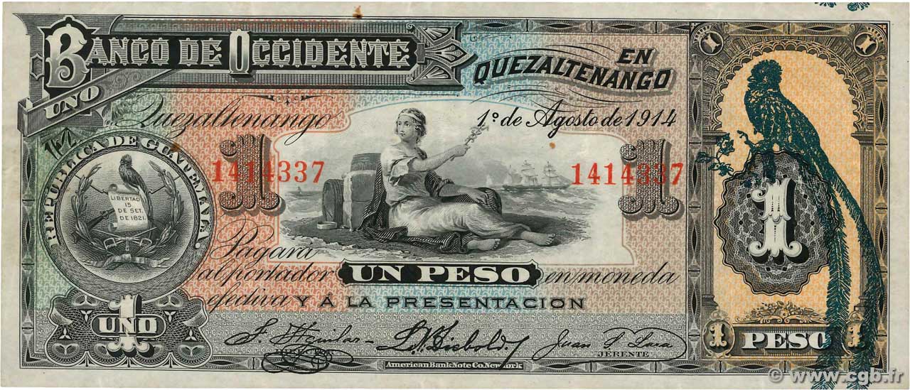 1 Peso GUATEMALA  1914 PS.173c fVZ