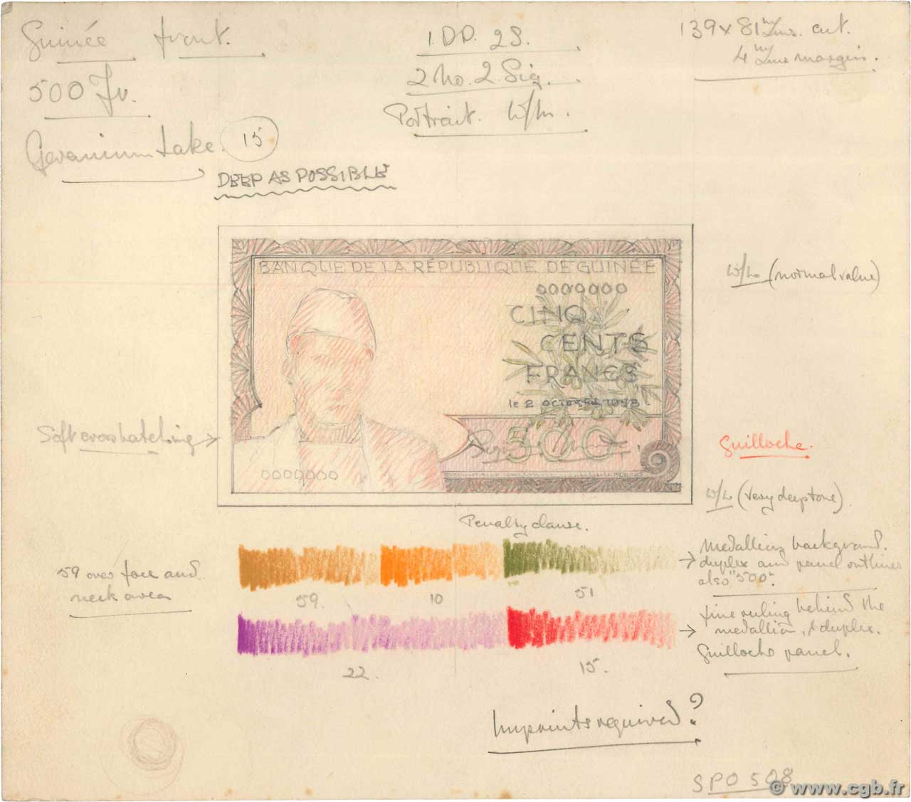 500 Francs Dessin GUINEA  1958 (P.13/14v) XF