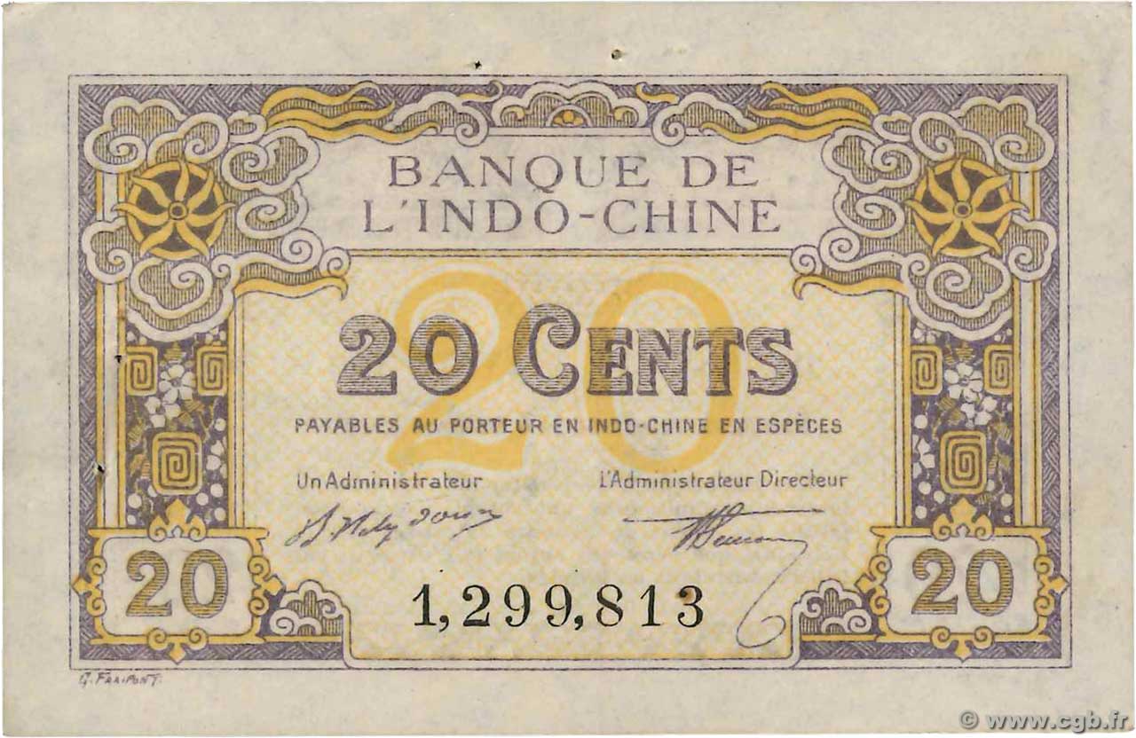 20 Cents FRENCH INDOCHINA  1919 P.045b XF+