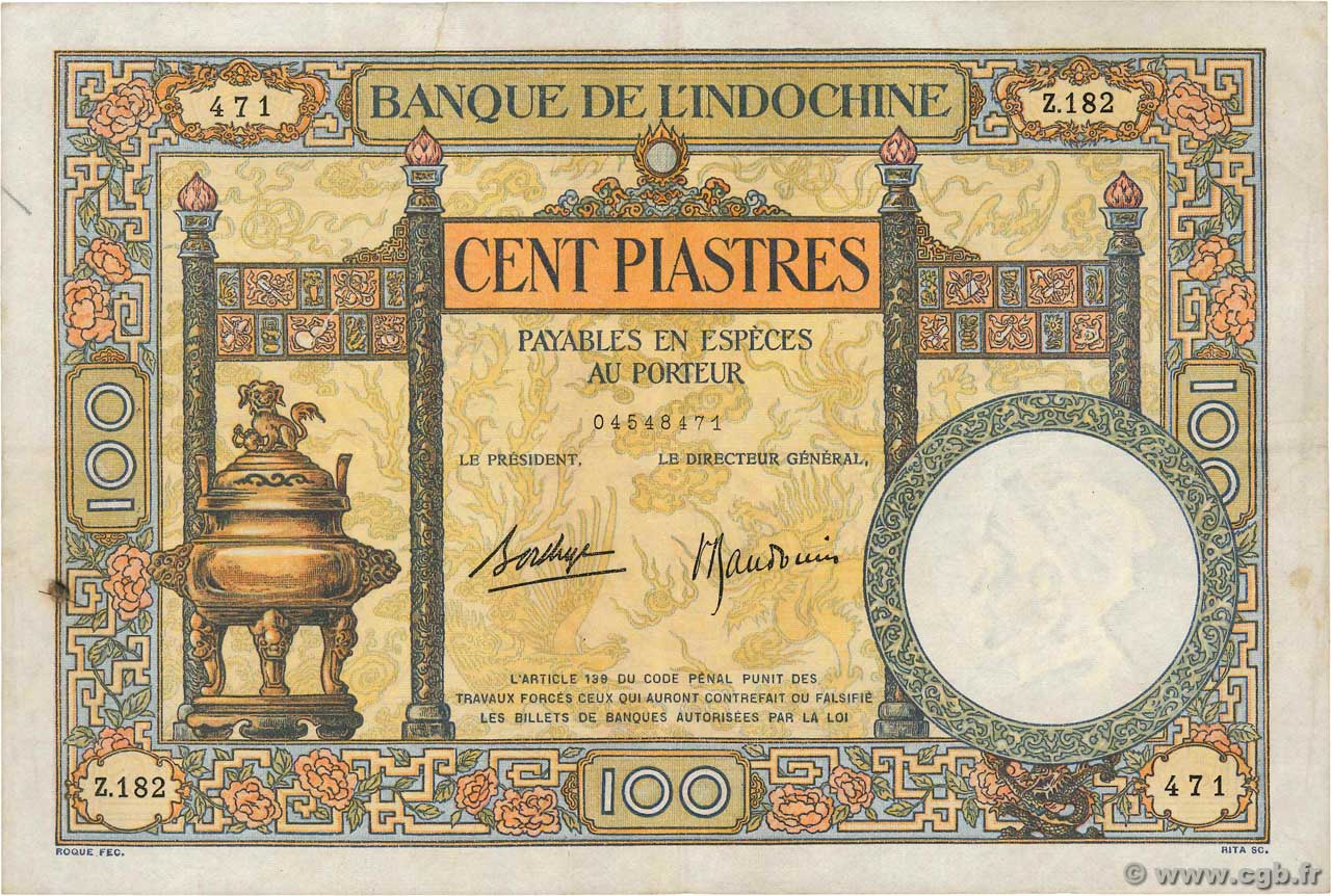 100 Piastres INDOCHINA  1936 P.051d MBC