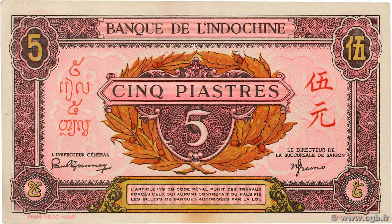 5 Piastres rose, violet INDOCHINE FRANÇAISE  1945 P.064 SUP+