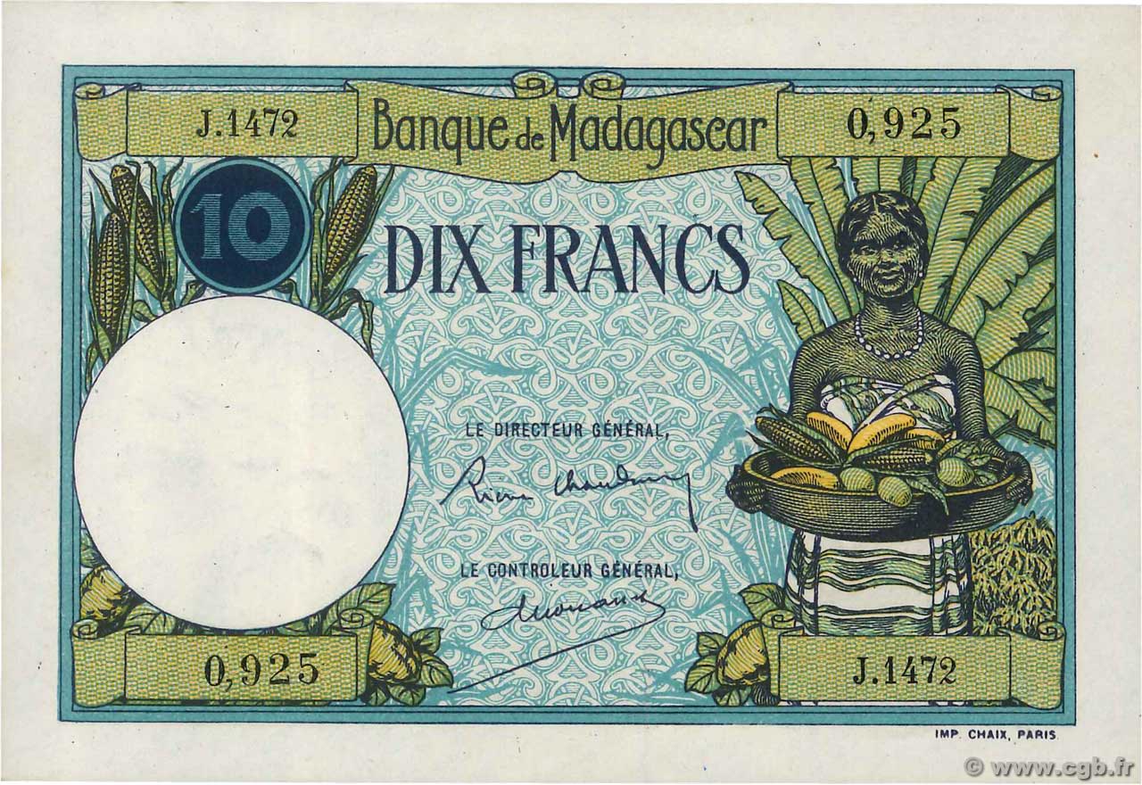 10 Francs MADAGASKAR  1937 P.036 fST+
