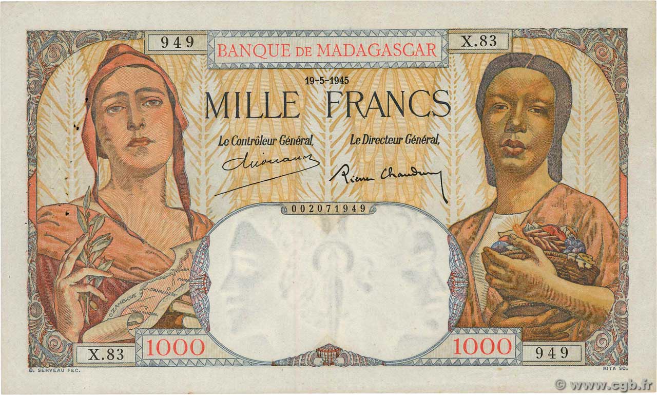 1000 Francs MADAGASCAR  1945 P.041 MBC+