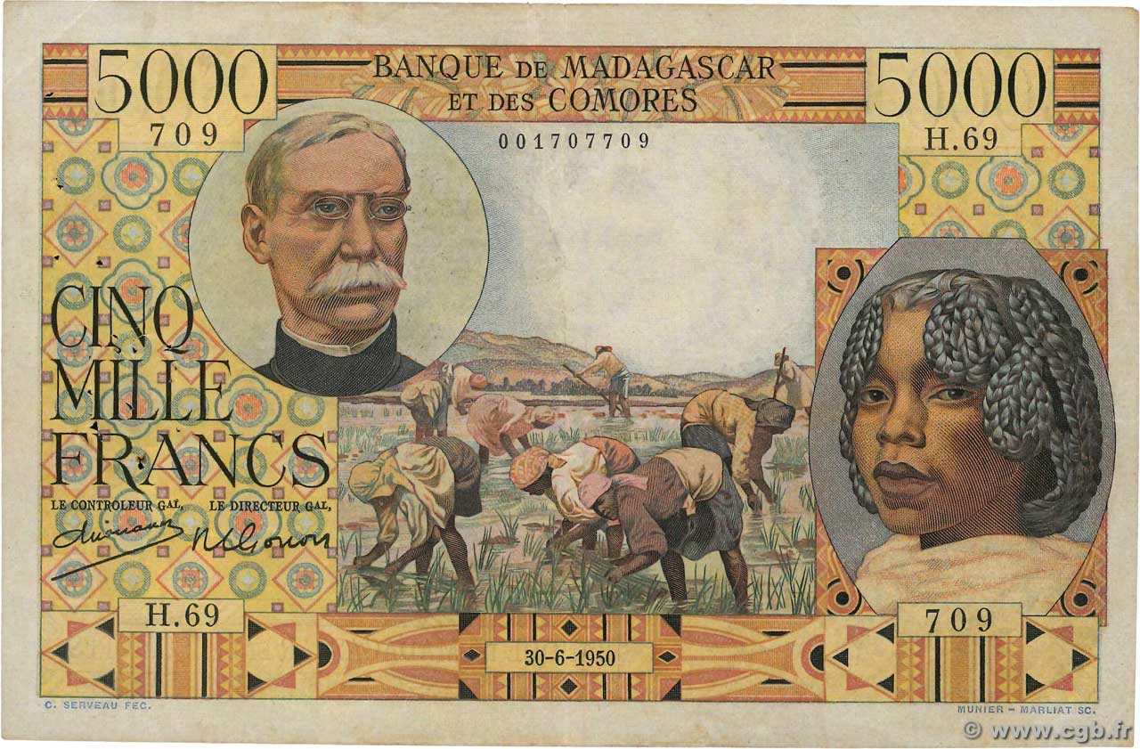 5000 Francs MADAGASCAR  1950 P.049a F+