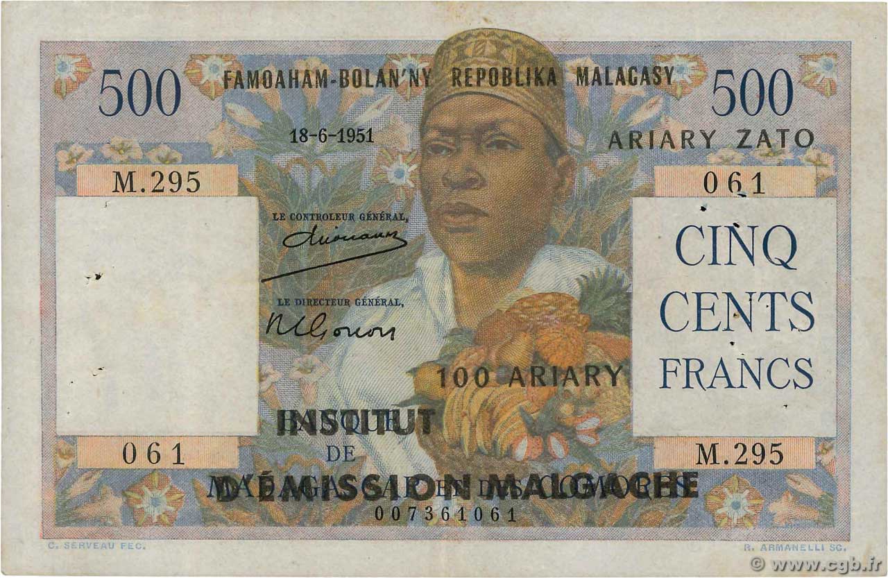 500 Francs - 100 Ariary MADAGASCAR  1961 P.053 MBC