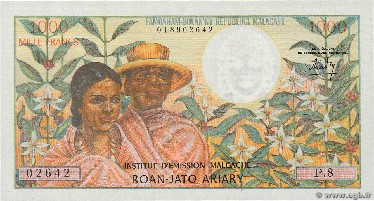 1000 Francs - 200 Ariary MADAGASCAR  1966 P.059a SC+