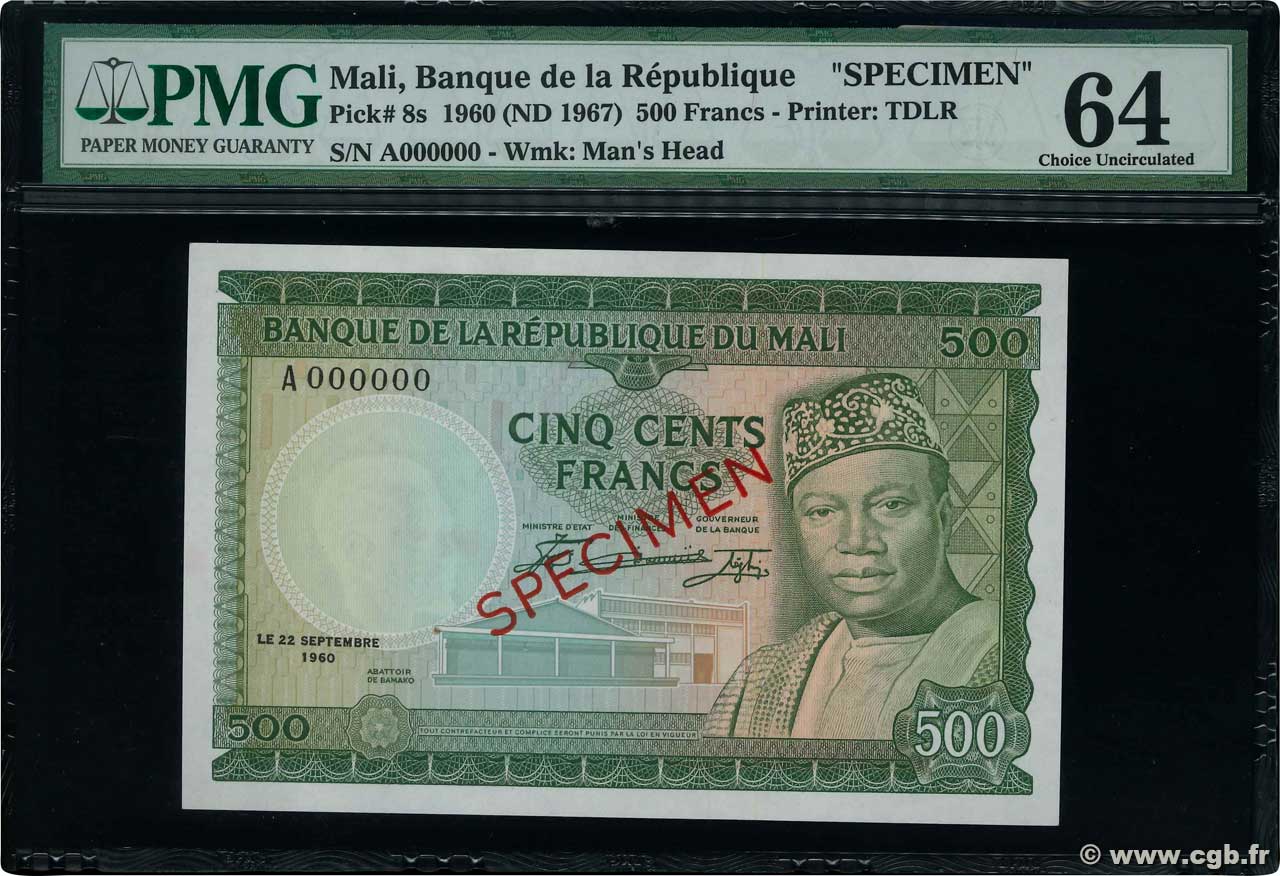 500 Francs Spécimen MALI  1960 P.08s fST+