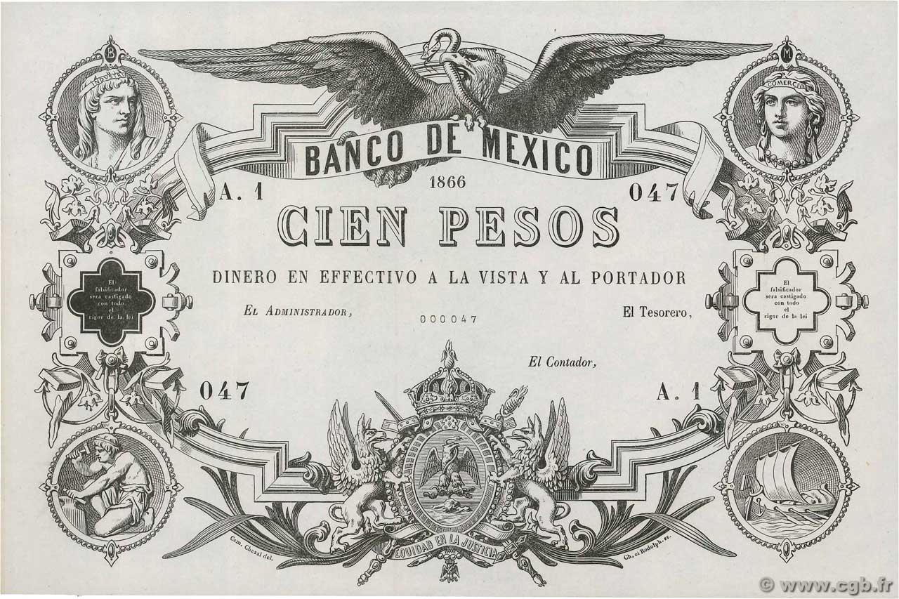 100 Pesos Spécimen MEXICO  1866 P.009r fST+