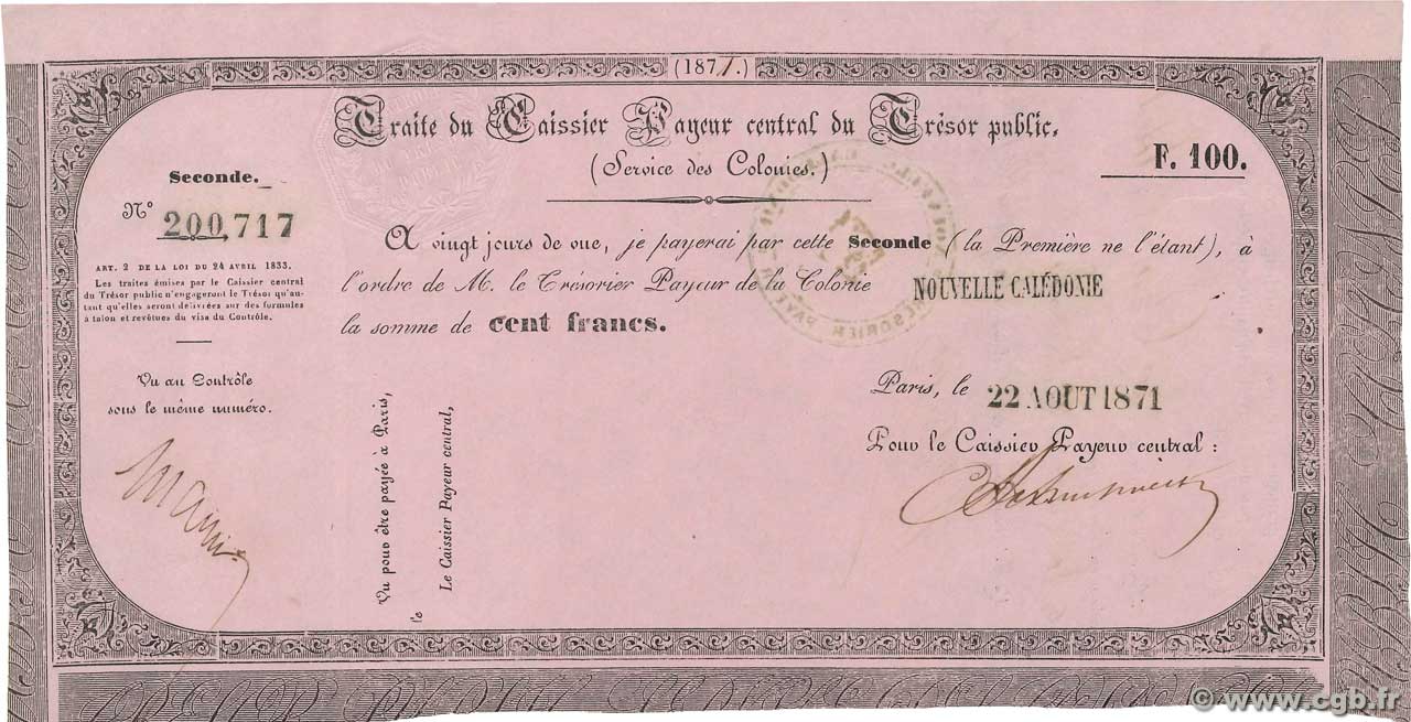 100 Francs NOUVELLE CALÉDONIE Nouméa 1871 P.- fST+