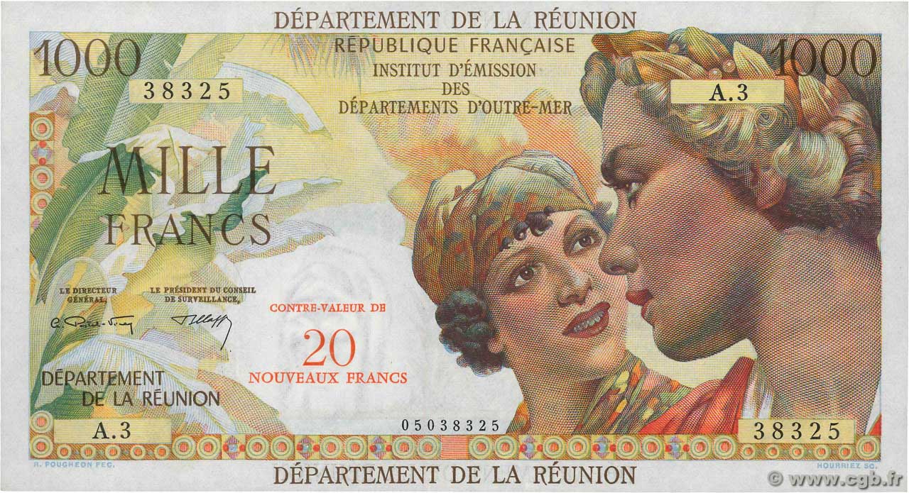 20 NF sur 1000 Francs REUNION ISLAND  1971 P.55b AU+