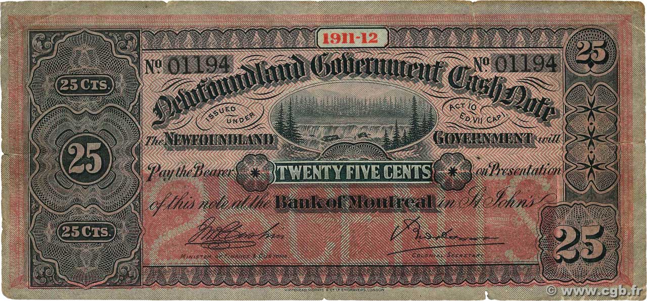 25 Cents NEWFOUNDLAND  1911 P.A09 F-