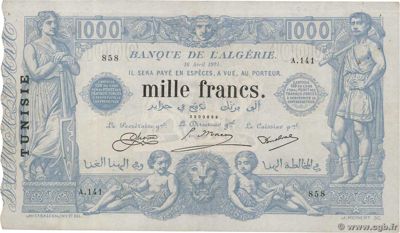1000 Francs Tunisia 1924 P 07b Banknotes