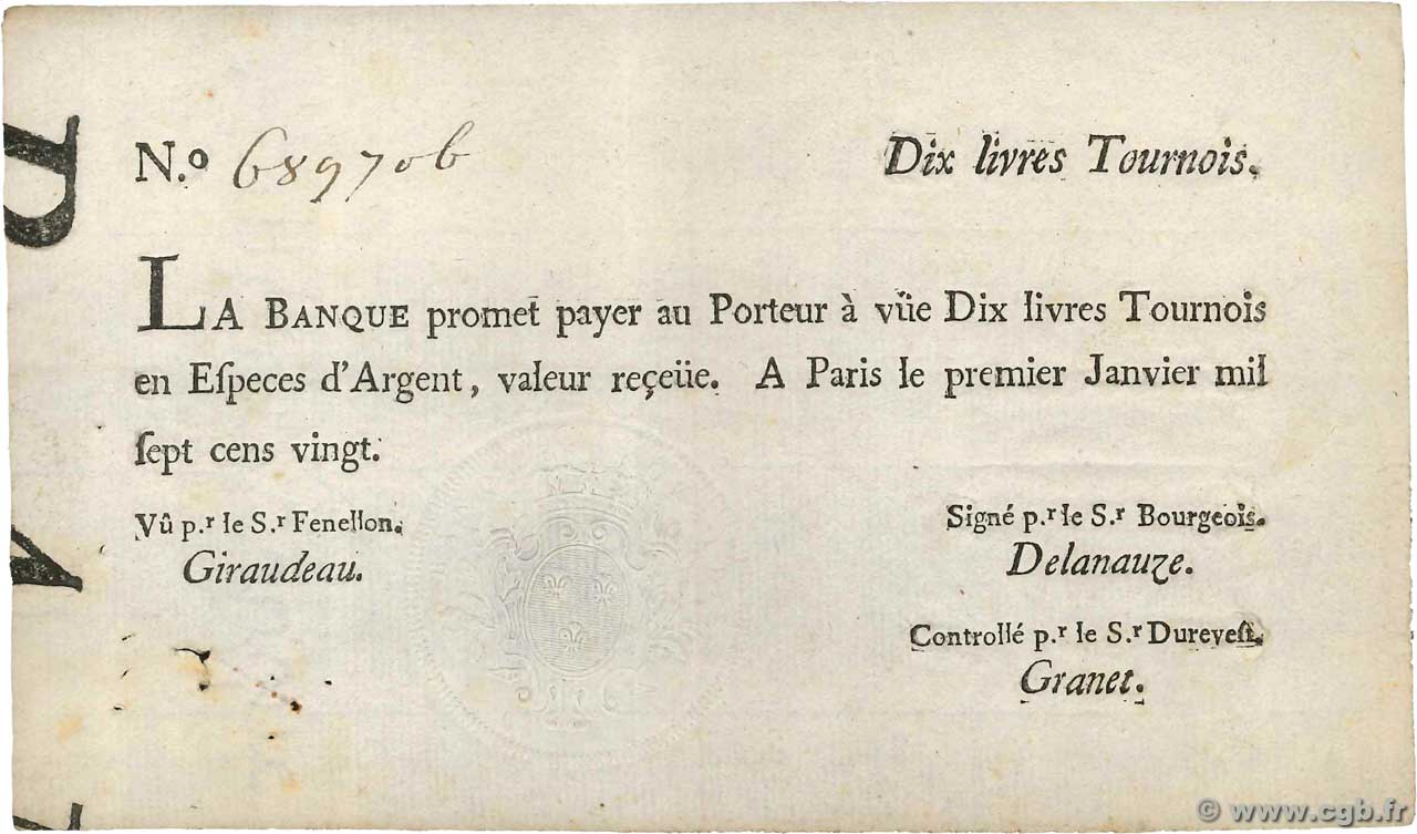 10 Livres Tournois typographié FRANCE  1720 Dor.21 TTB+