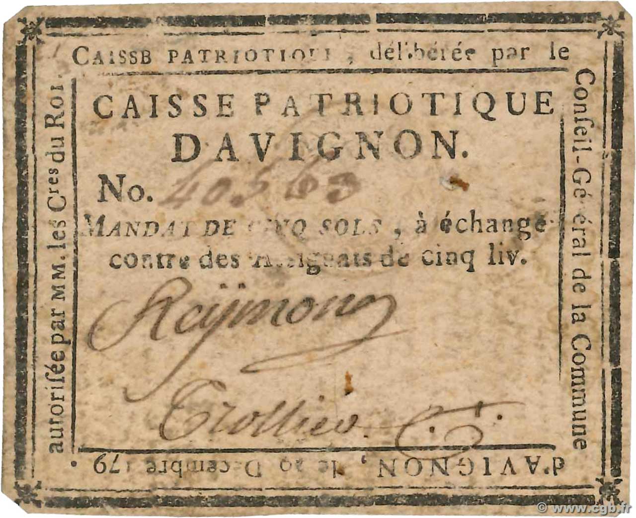 5 Sols FRANCE régionalisme et divers Avignon 1791 Kc.13.023 TB