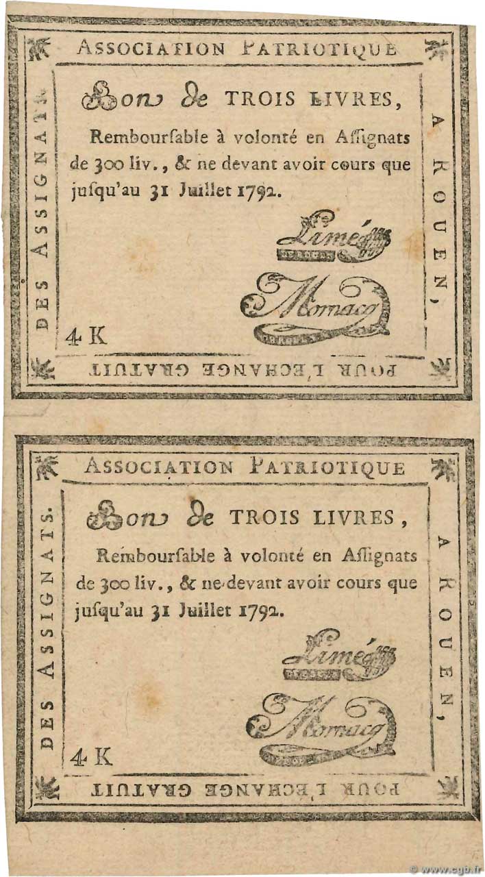 3 Livres Faux FRANCE régionalisme et divers Rouen 1792 Kc.76.162 SUP+