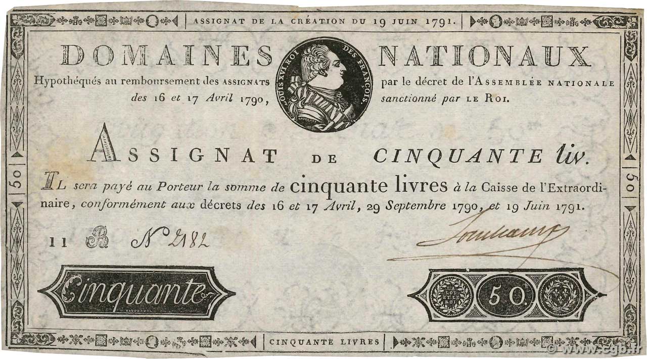 50 Livres FRANCE  1791 Ass.13a TTB