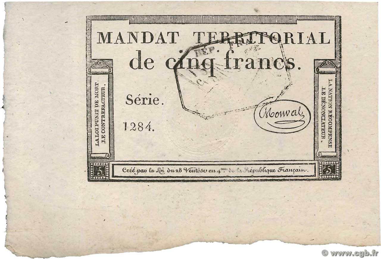 5 Francs Monval cachet noir FRANCE  1796 Ass.63b UNC-