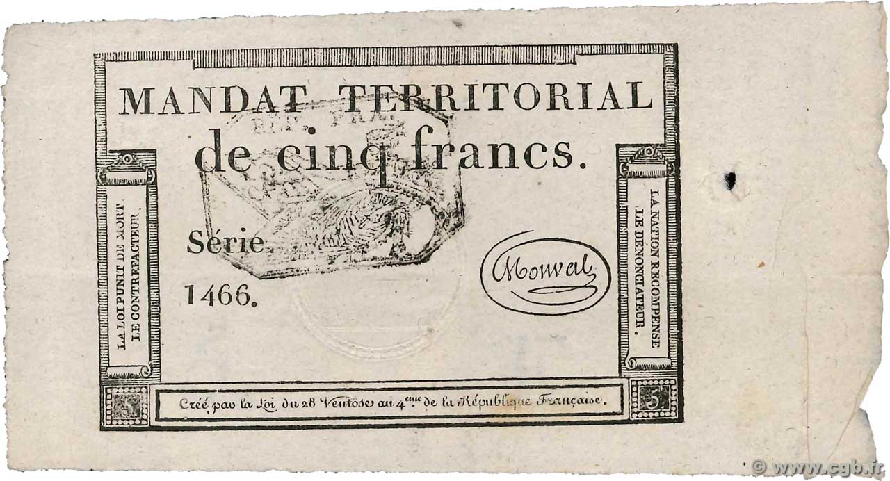 5 Francs Monval cachet noir FRANKREICH  1796 Ass.63b VZ+