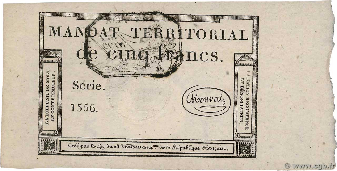 5 Francs Monval cachet noir FRANCE  1796 Ass.63b SUP+