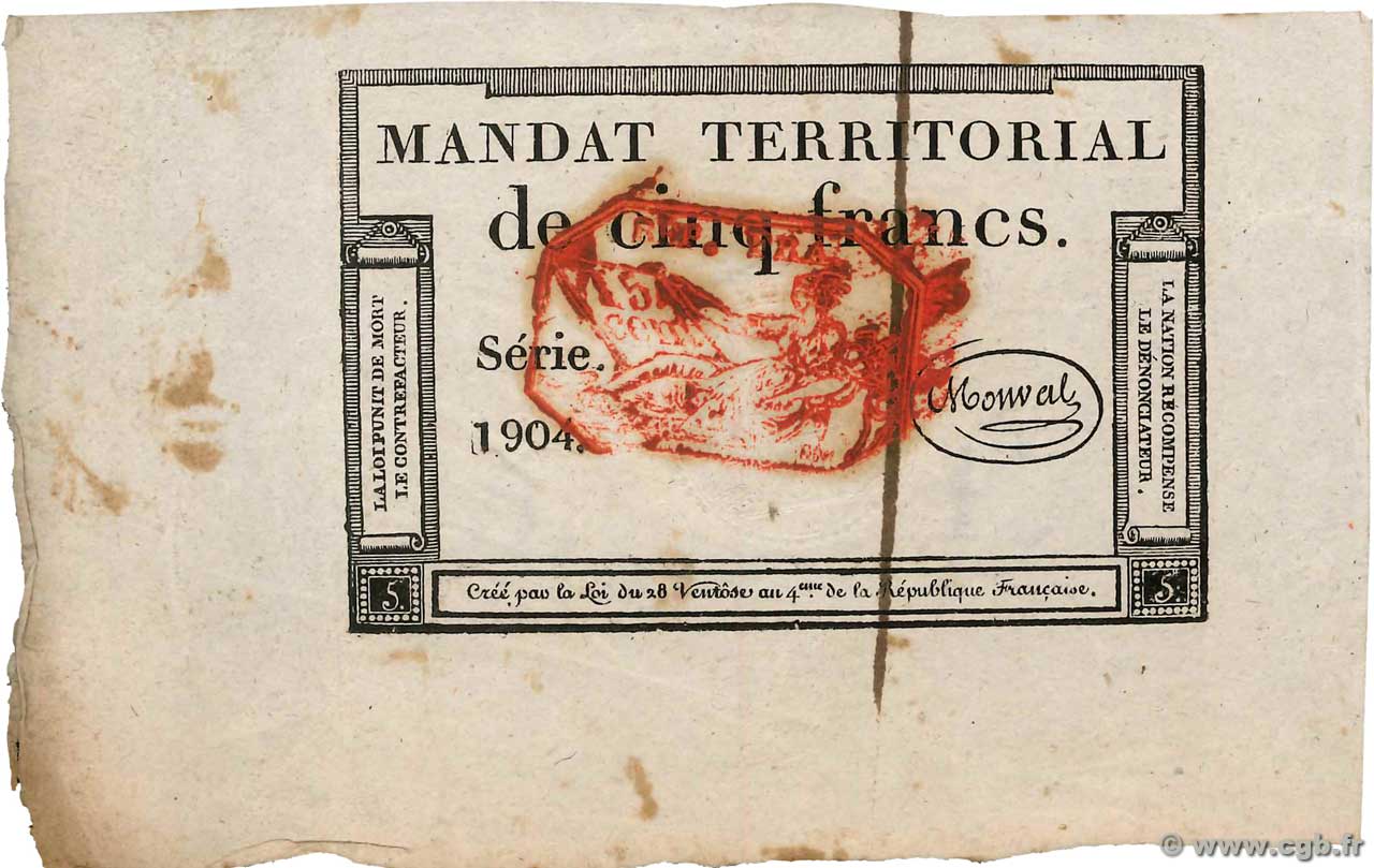 5 Francs Monval cachet rouge FRANCE  1796 Ass.63c TTB