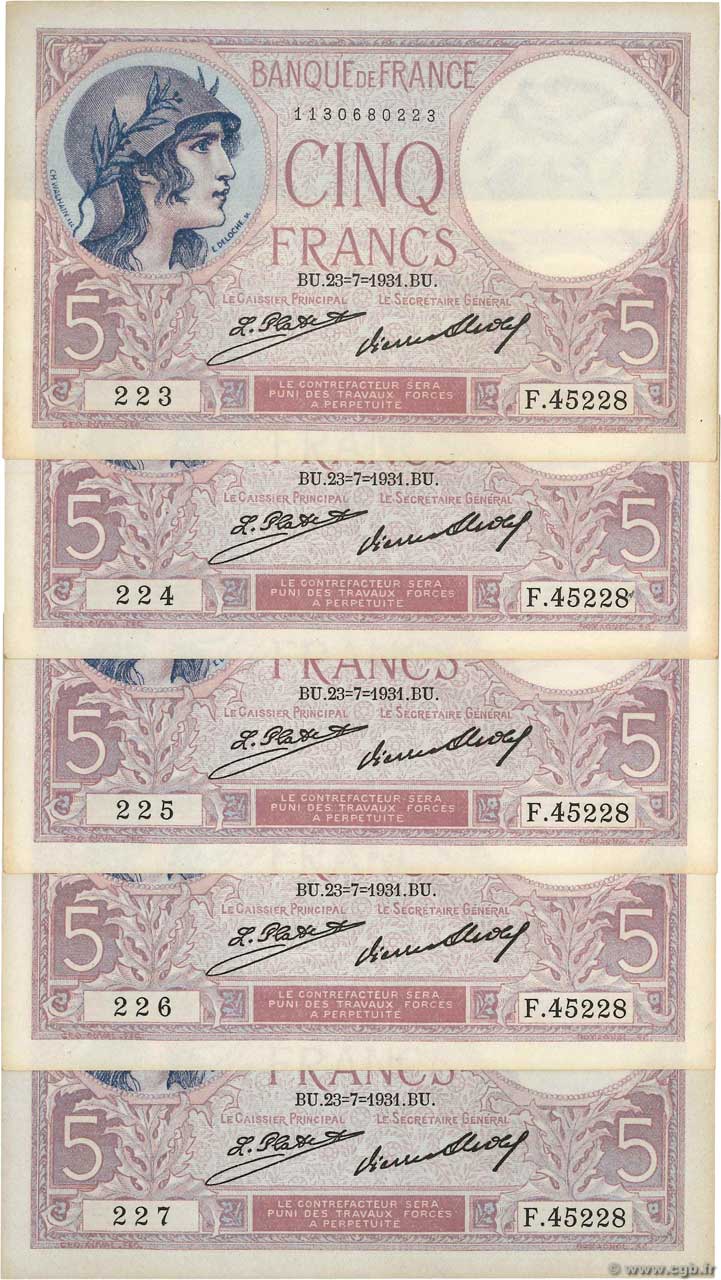 5 Francs FEMME CASQUÉE Consécutifs FRANCE  1931 F.03.15 AU-