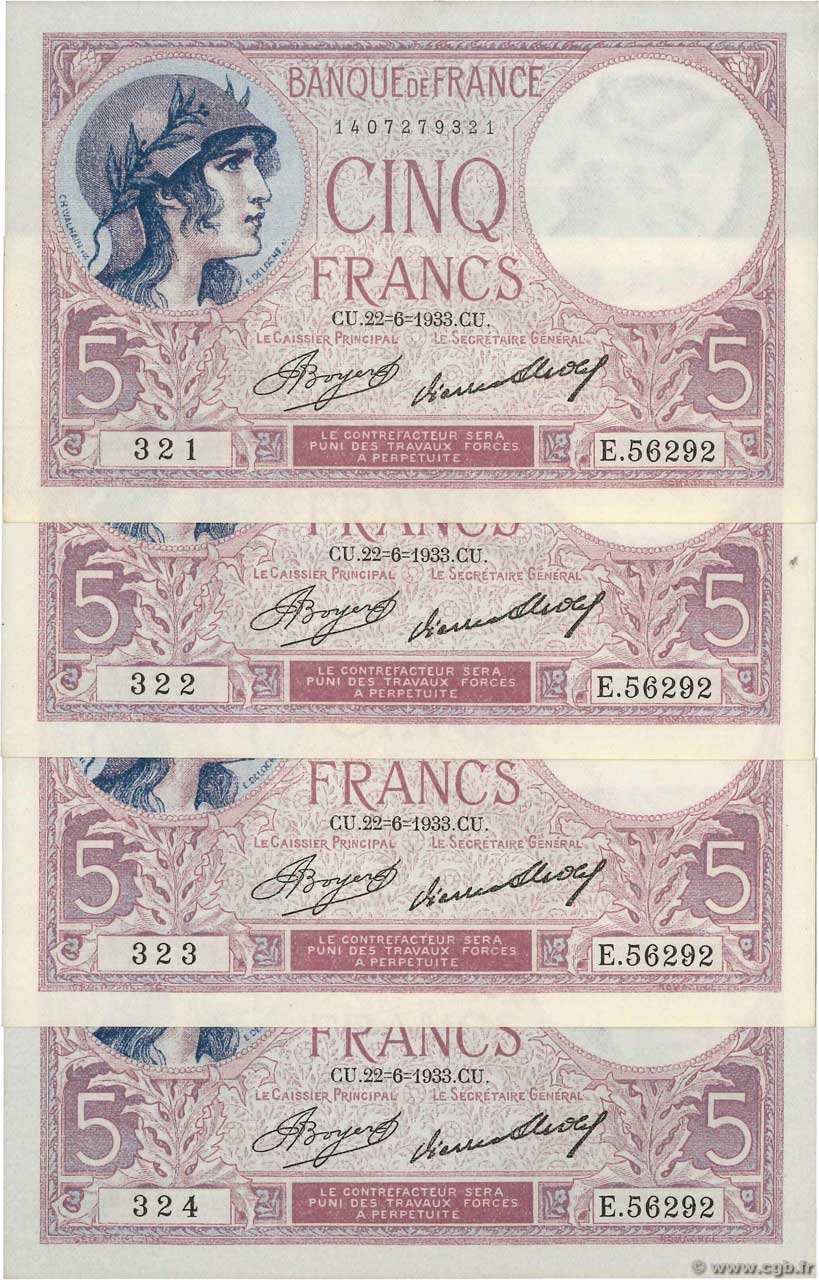 5 Francs FEMME CASQUÉE Consécutifs FRANCE  1933 F.03.17 UNC-