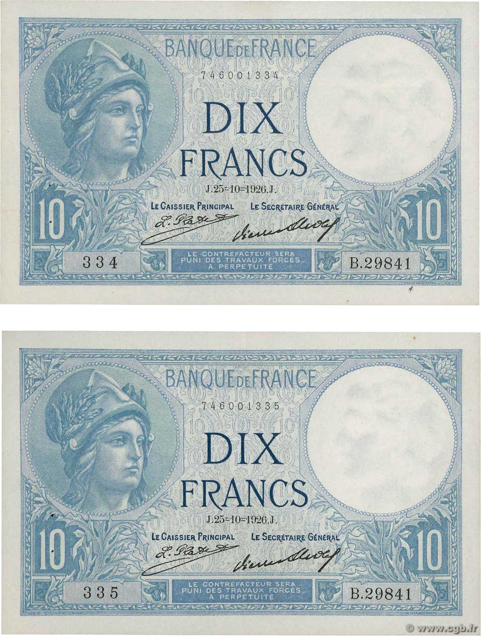 10 Francs MINERVE Consécutifs FRANCE  1926 F.06.10 SUP+
