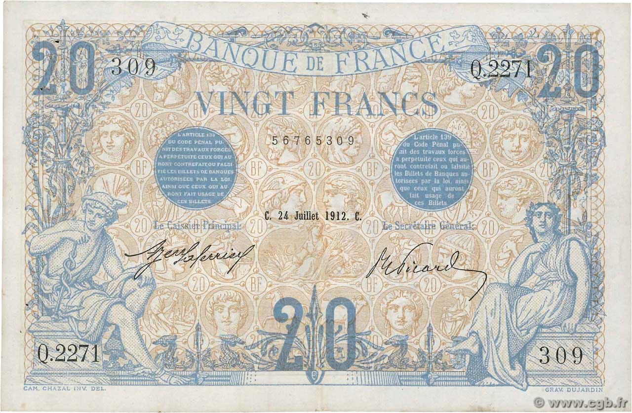 20 Francs BLEU FRANKREICH  1912 F.10.02 VZ