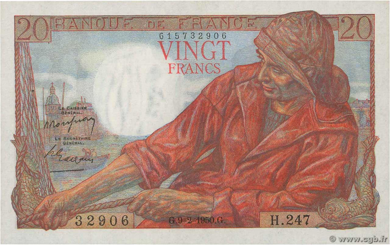 20 Francs PÊCHEUR FRANCE  1950 F.13.17a AU