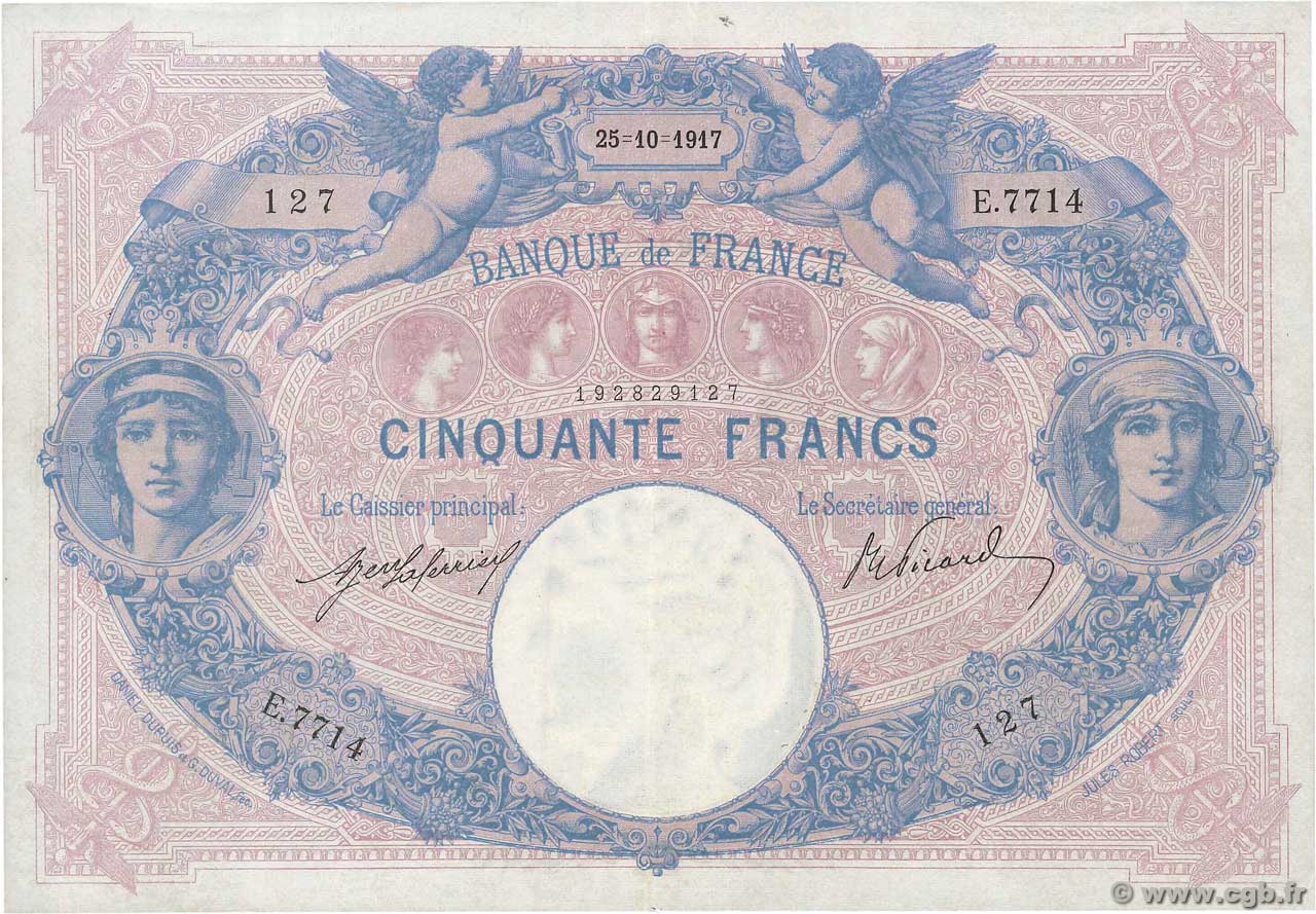 50 Francs BLEU ET ROSE FRANCIA  1917 F.14.30 EBC