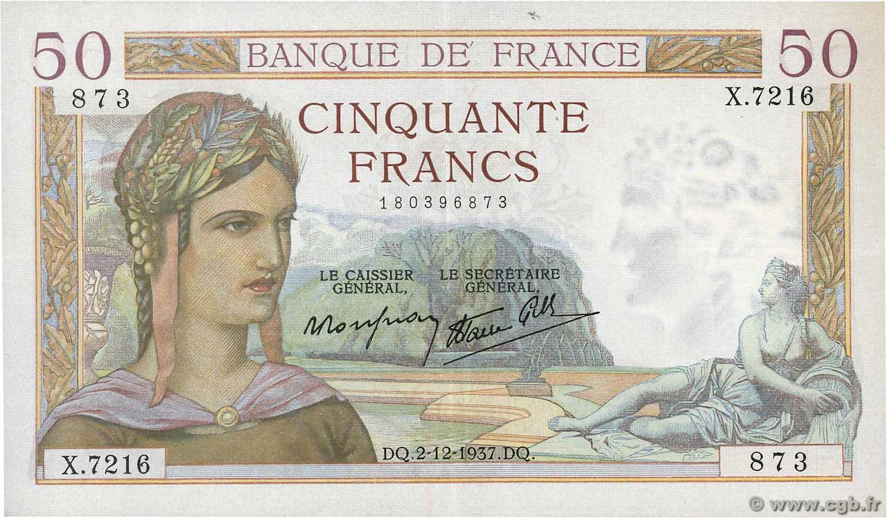 50 Francs CÉRÈS modifié FRANKREICH  1937 F.18.05 VZ