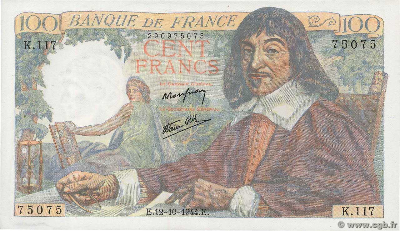100 Francs DESCARTES Numéro spécial FRANCE  1944 F.27.08 UNC
