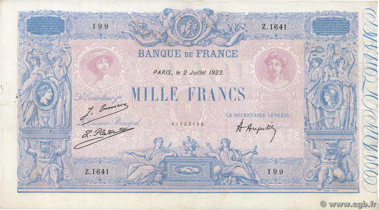 1000 Francs BLEU ET ROSE FRANCE  1923 F.36.39 TTB