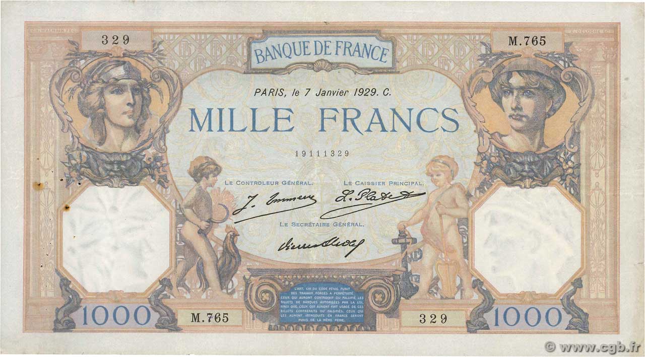 1000 Francs CÉRÈS ET MERCURE FRANCE  1929 F.37.03 TB+