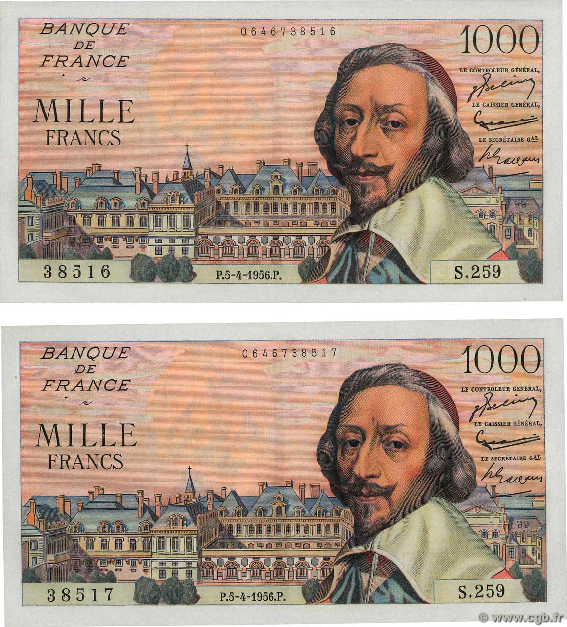 1000 Francs RICHELIEU Consécutifs FRANCE  1956 F.42.20 XF+