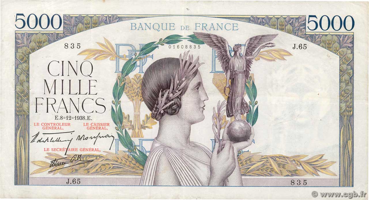 5000 Francs VICTOIRE Impression à plat FRANCE  1938 F.46.01 VF-