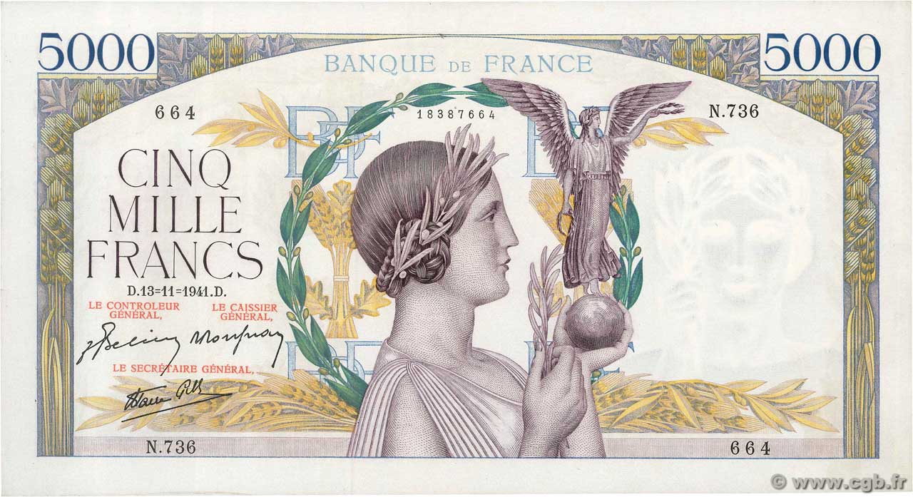 5000 Francs VICTOIRE Impression à plat FRANKREICH  1941 F.46.29 VZ+