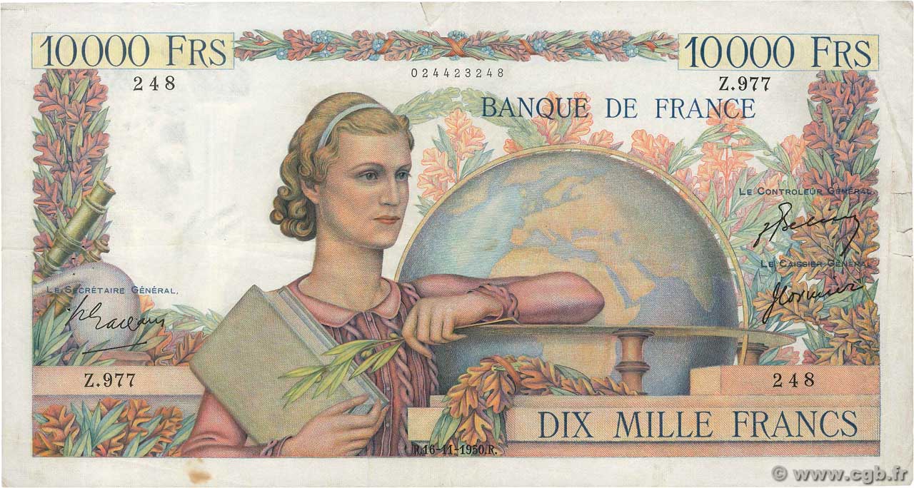10000 Francs GÉNIE FRANÇAIS FRANCE  1950 F.50.41 VF