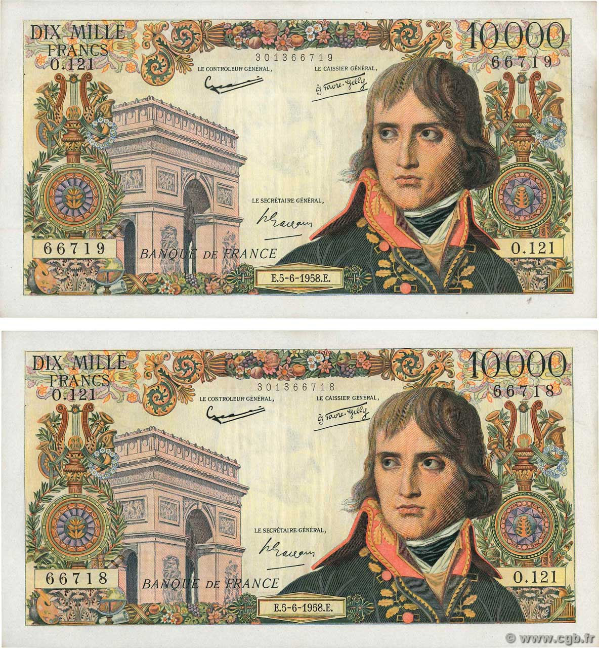 10000 Francs BONAPARTE Consécutifs FRANKREICH  1958 F.51.12 VZ+