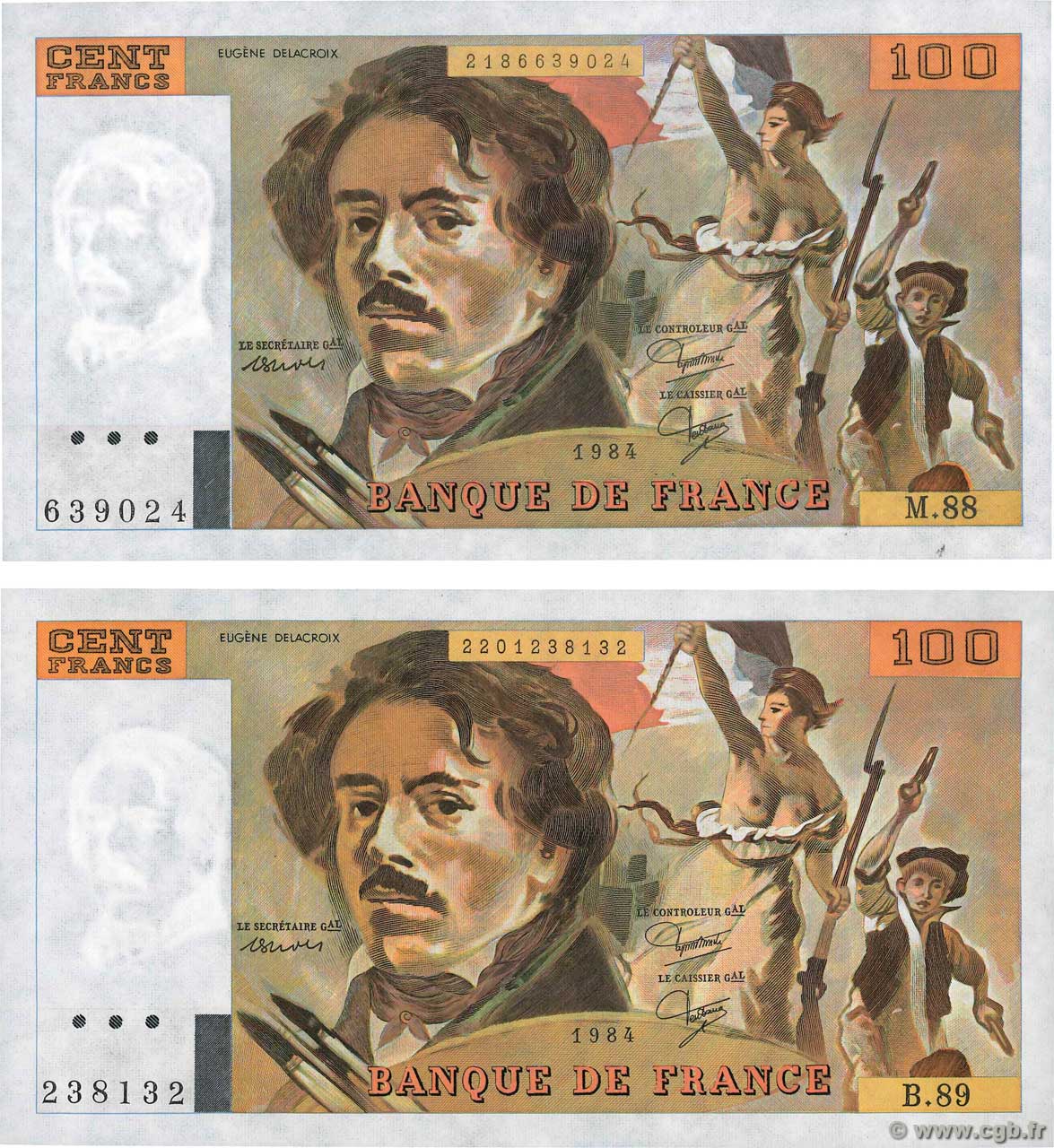 100 Francs DELACROIX modifié Lot FRANCIA  1984 F.69.08b q.FDC