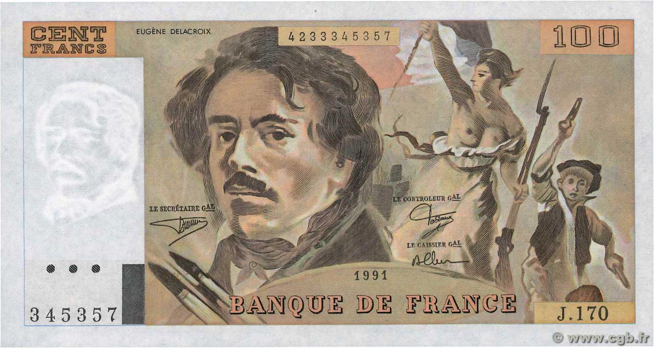 100 Francs DELACROIX imprimé en continu FRANKREICH  1991 F.69bis.03a1b ST